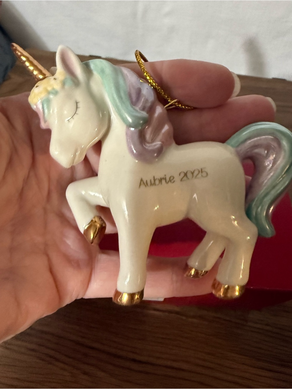 Personalized 'Aubrie 2025' Ceramic Unicorn Ornament - Pastel Multicolor